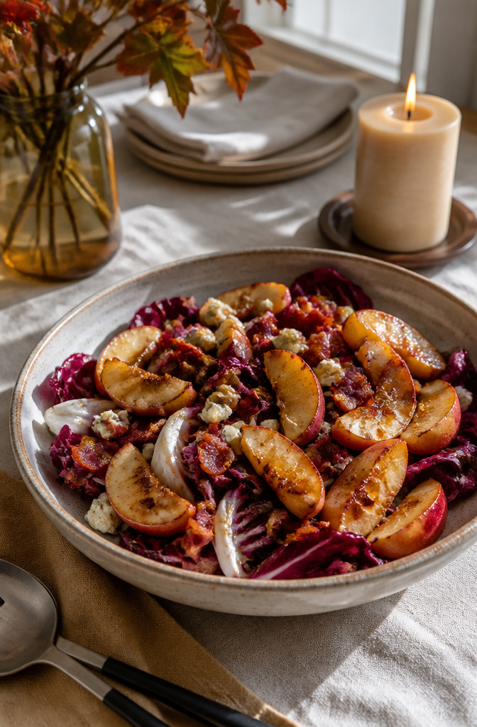 Salad featuring roasted apples, radicchio, and bacon.