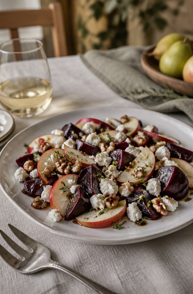 Salad with roasted beets, Honeycrisp apples, and goat cheese.