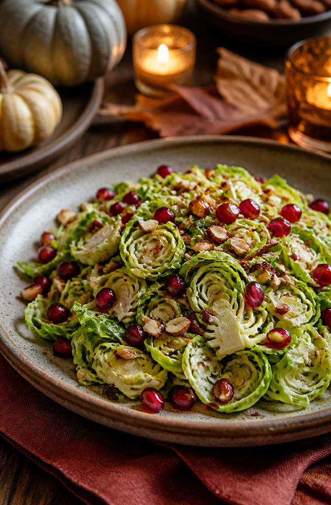 Shaved Brussels sprouts salad with light dressing.