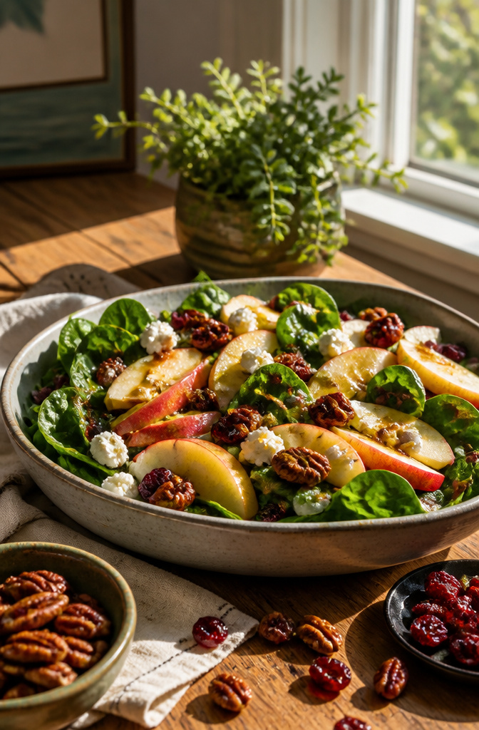 Spinach salad with Honeycrisp apple slices and candied pecans.