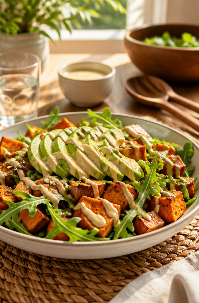 Sweet potato and arugula salad with tahini dressing.