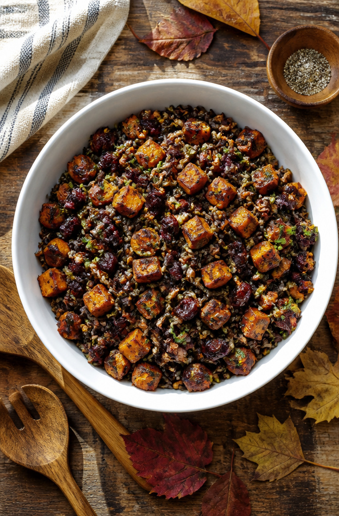 Grain-based salad with wild rice, sweet potatoes, and cranberries.
