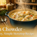 A pot of creamy fish chowder simmering on a stovetop.
