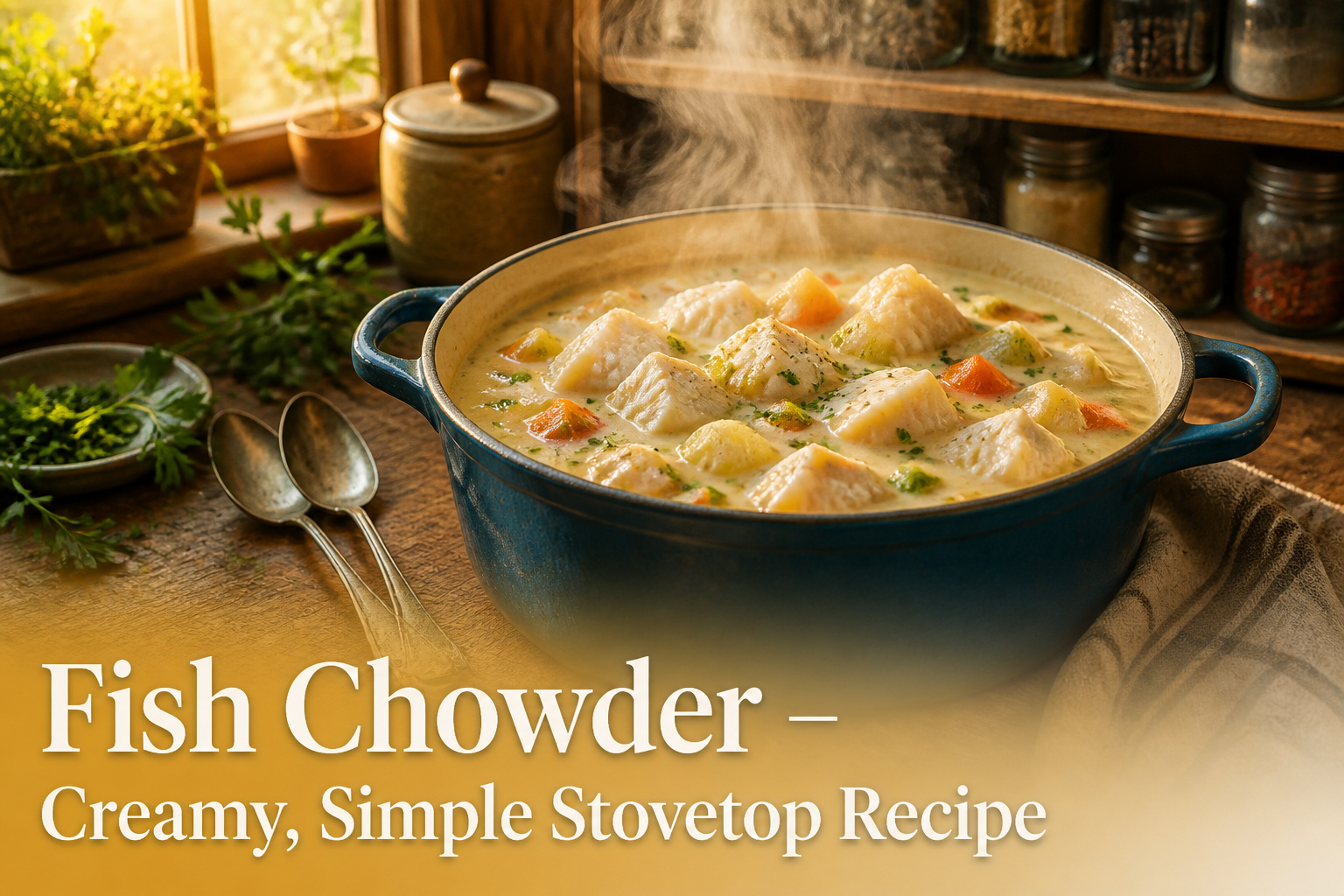 A pot of creamy fish chowder simmering on a stovetop.