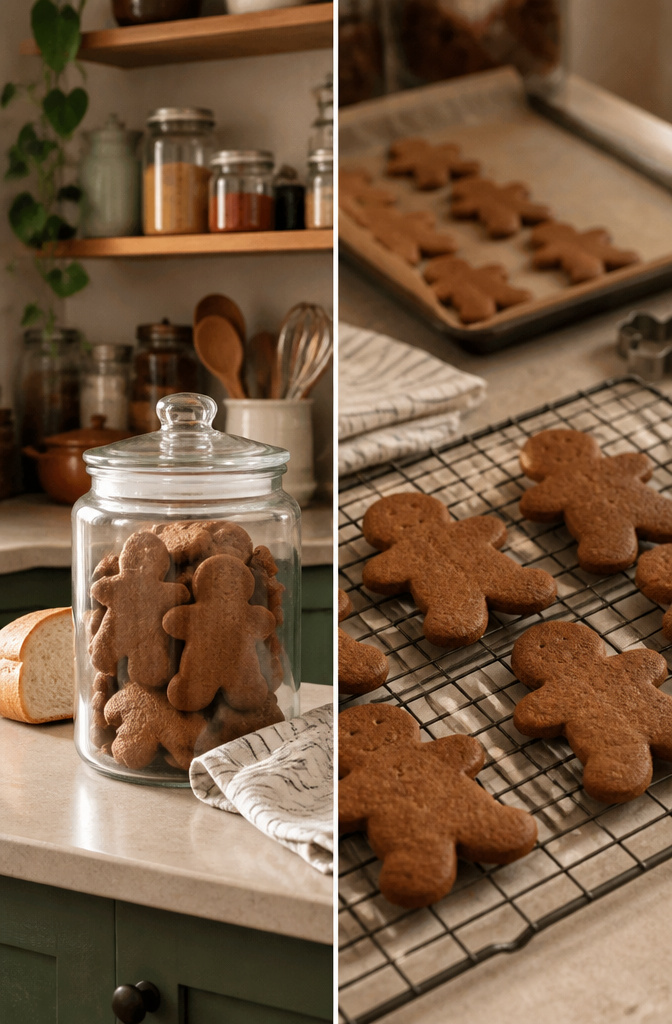 Gingerbread Cookies with Molasses 6 A bowl of gingerbread cookies next to a slice of bread for storage.