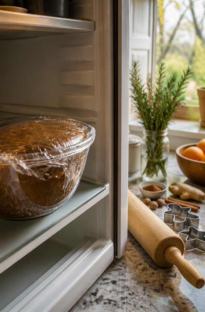 Gingerbread Cookies with Molasses 9 Gingerbread cookie dough wrapped in plastic in the refrigerator.