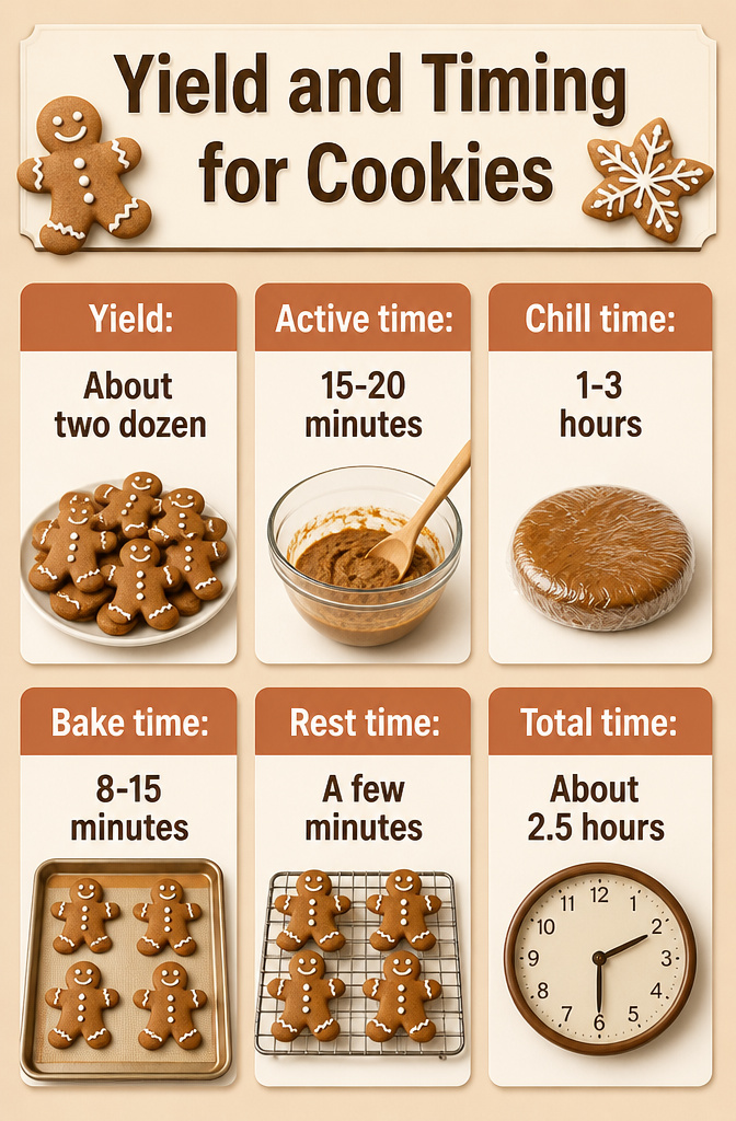 Gingerbread Cookies with Molasses 5 An image illustrating the yield and timing for baking cookies.