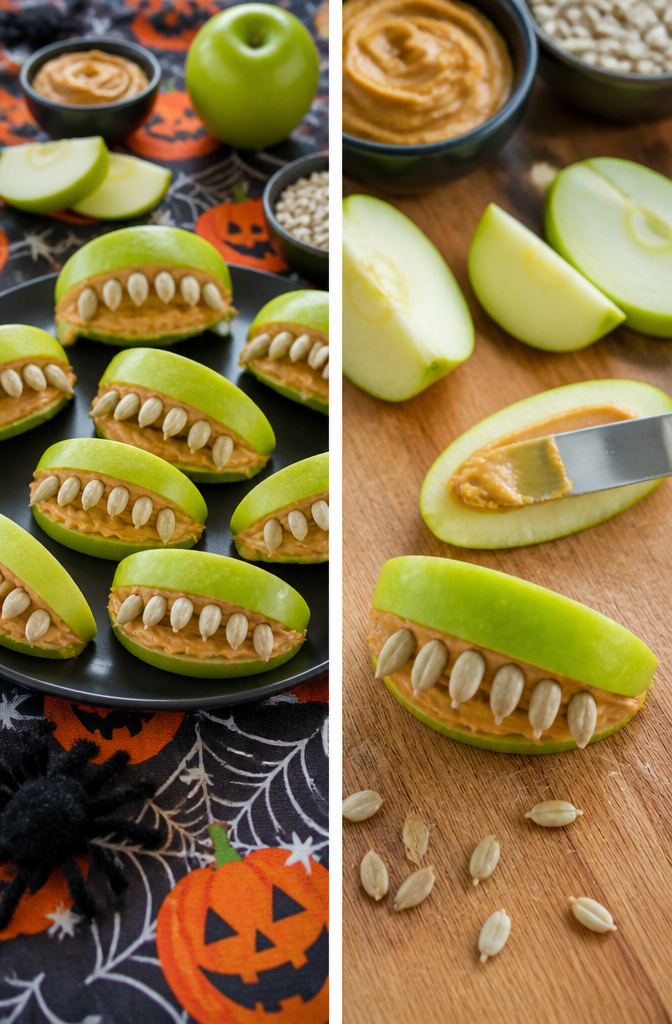 15 Gluten-Free Halloween Snacks for Parties and School Treats 6 Green apple wedges filled with peanut butter and topped with sunflower seeds.