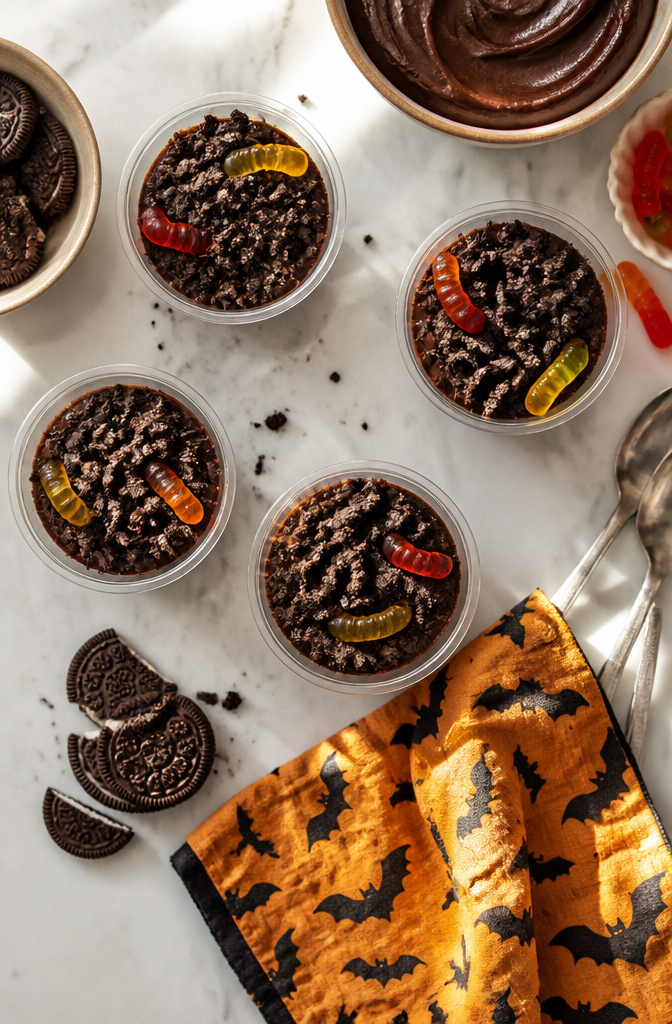 15 Gluten-Free Halloween Snacks for Parties and School Treats 7 Chocolate pudding cups topped with crushed cookies and gummy worms.