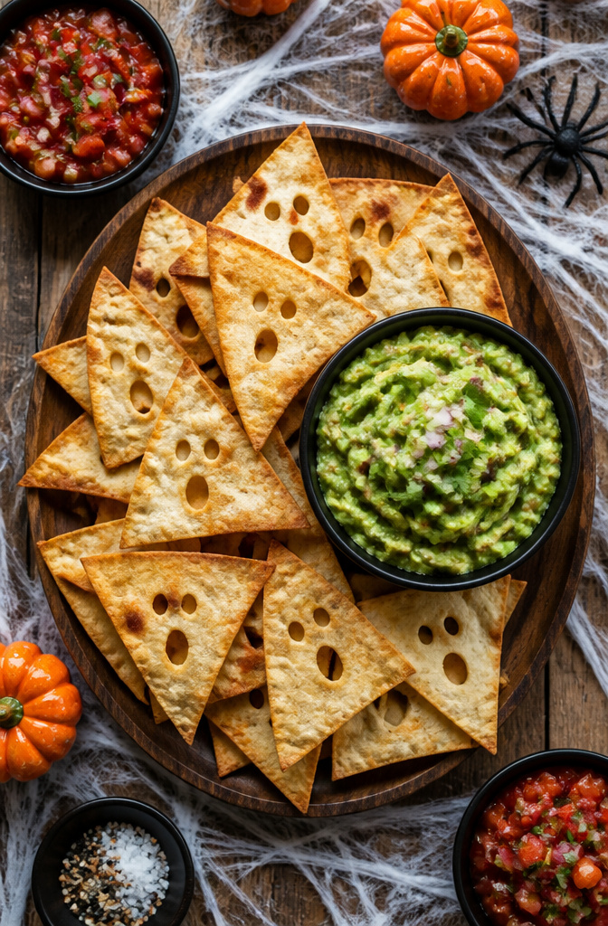 15 Gluten-Free Halloween Snacks for Parties and School Treats 14 Baked tortilla chips with a bowl of green guacamole.