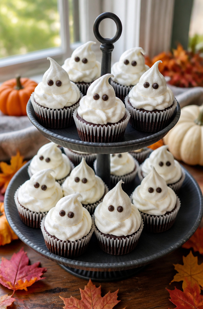 15 Gluten-Free Halloween Snacks for Parties and School Treats 4 Vanilla cupcakes with tall white frosting resembling ghosts.