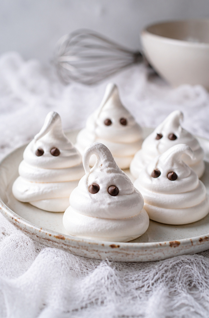 15 Gluten-Free Halloween Snacks for Parties and School Treats 15 White meringue cookies shaped like ghosts with chocolate eyes.