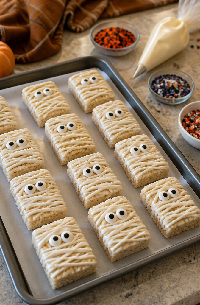 15 Gluten-Free Halloween Snacks for Parties and School Treats 3 Rectangular rice krispies treats covered in white icing and candy eyes.