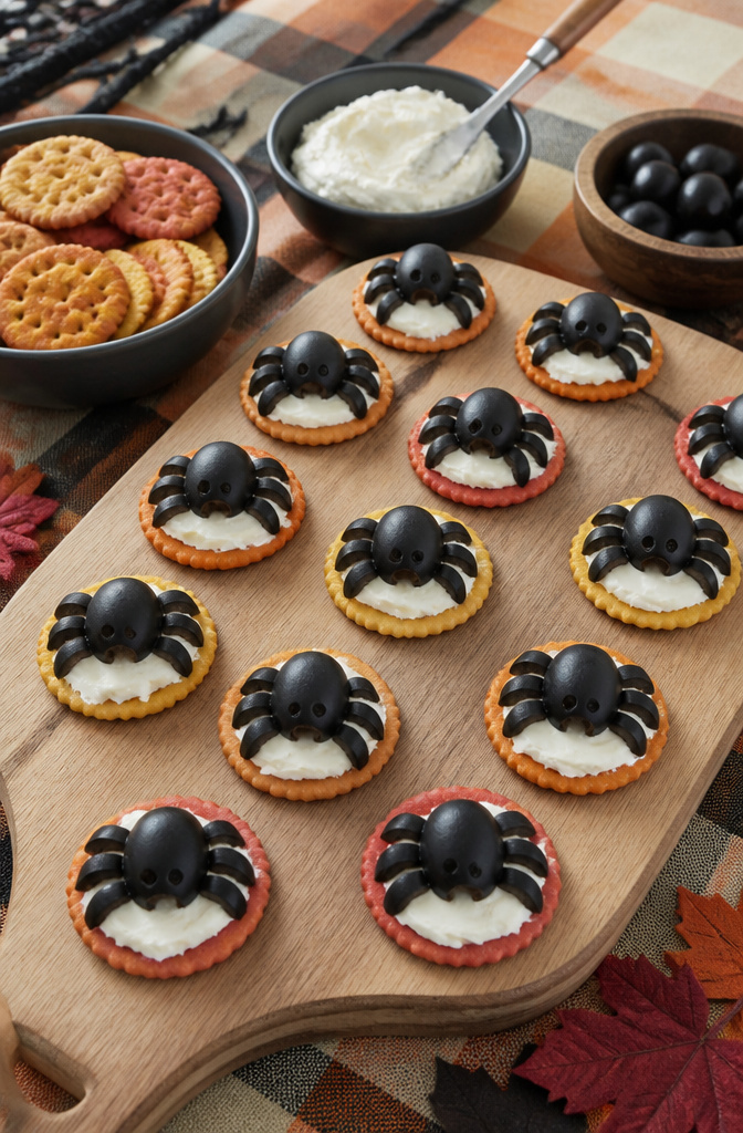 15 Gluten-Free Halloween Snacks for Parties and School Treats 8 Crackers topped with cream cheese and black olives shaped like spiders.