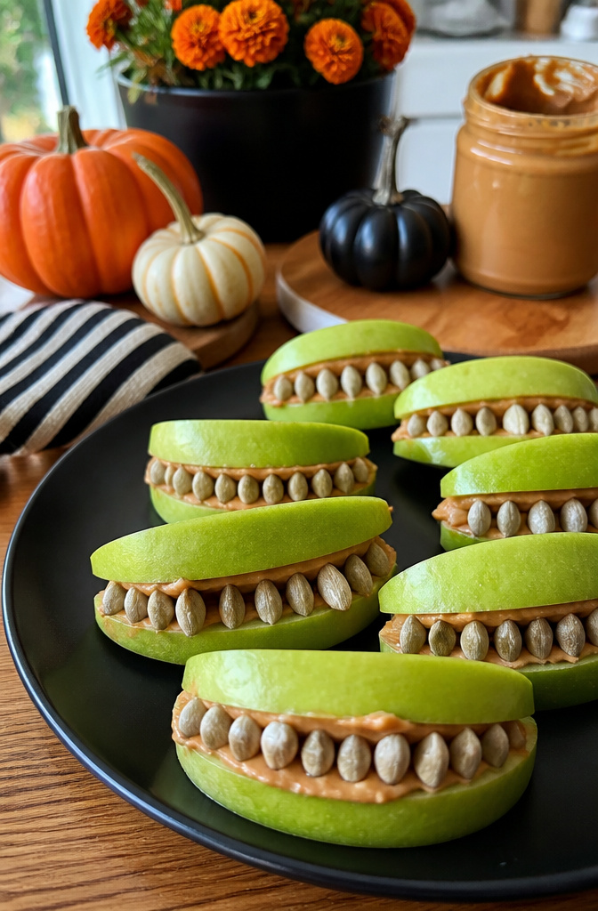 15 Gluten-Free Halloween Snacks for Parties and School Treats 10 Apple wedges filled with peanut butter and lined with sunflower seeds.
