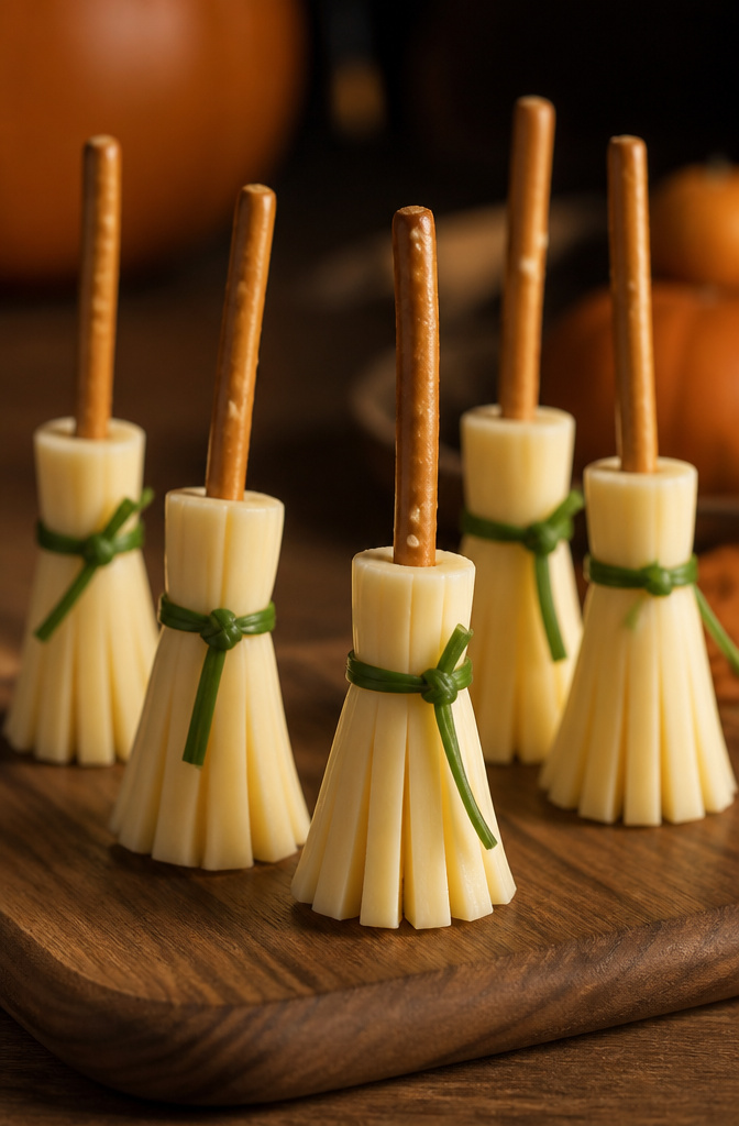 15 Gluten-Free Halloween Snacks for Parties and School Treats 11 Cheese sticks cut into brooms with pretzel handles and chive ties.