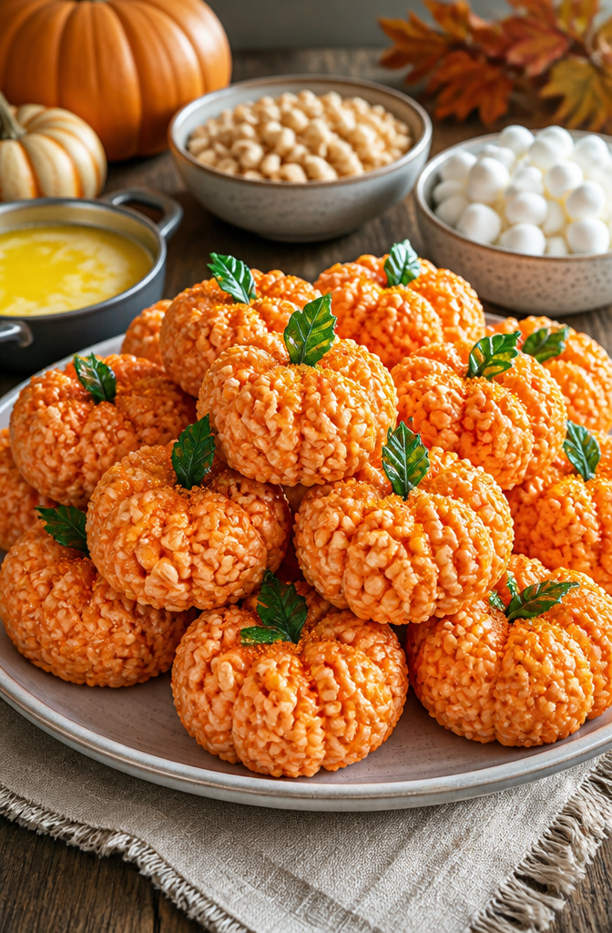 15 Gluten-Free Halloween Snacks for Parties and School Treats 2 Orange pumpkin-shaped rice treats with green candy stems on a plate.