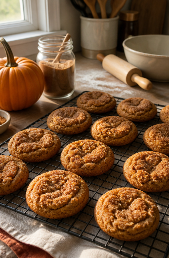 15 Gluten-Free Halloween Snacks for Parties and School Treats 5 Freshly baked pumpkin spice cookies arranged on a cooling rack.