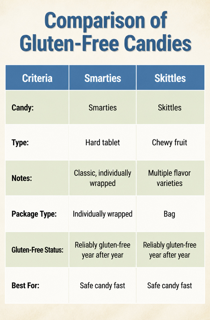 15 Gluten-Free Halloween Snacks for Parties and School Treats 17 Table comparing various gluten-free candies suitable for Halloween.