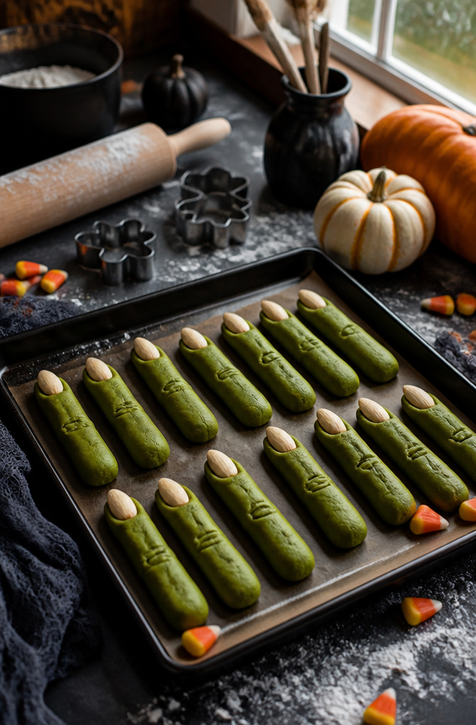 15 Gluten-Free Halloween Snacks for Parties and School Treats 16 Green witch finger cookies with almond slivers as nails.