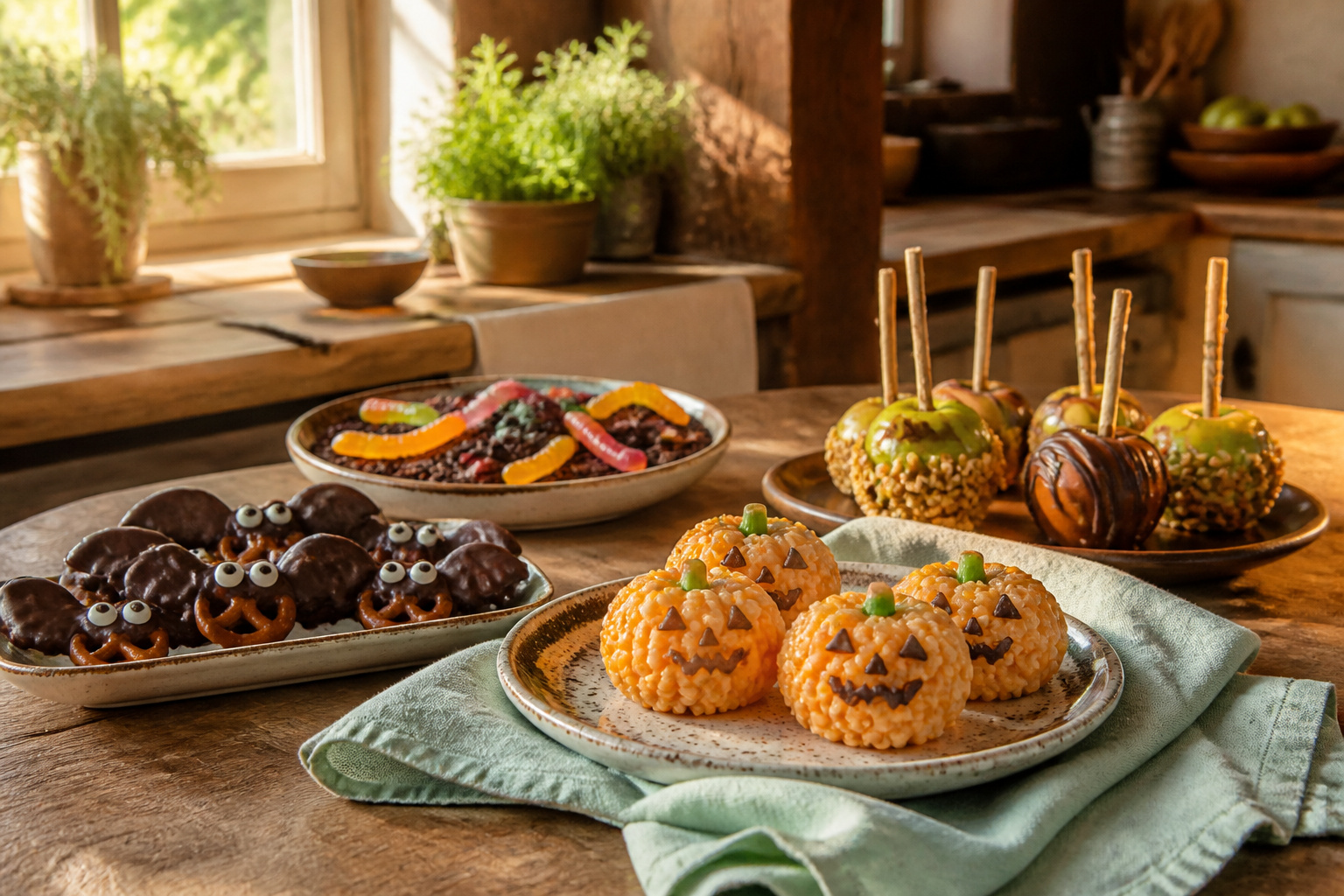 An assortment of gluten-free Halloween snacks displayed on a table.