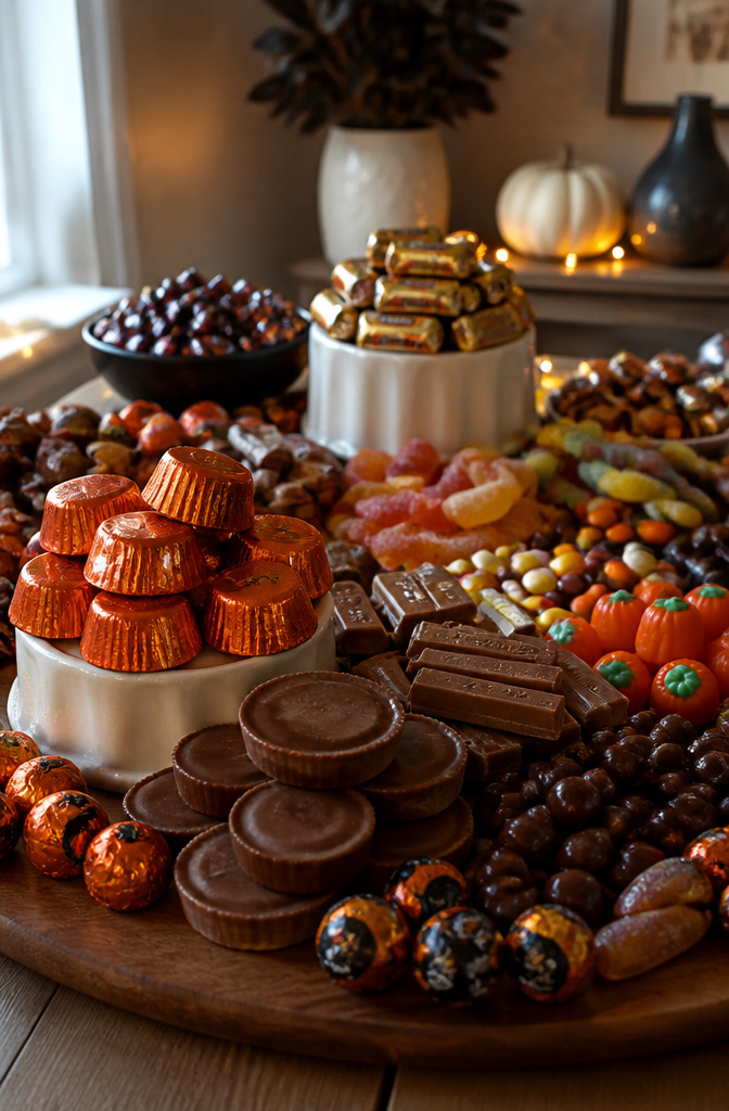 9 Halloween Candy Board Ideas for Spooky Sweet Displays 5 Chocolate treats like Reese's and Twix displayed on a Halloween candy board.