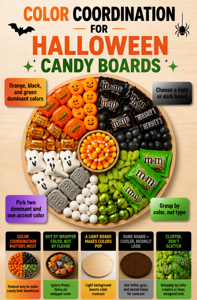 9 Halloween Candy Board Ideas for Spooky Sweet Displays 12 Color coordination examples for a Halloween candy board layout.