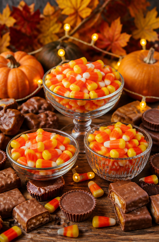 9 Halloween Candy Board Ideas for Spooky Sweet Displays 2 Three glass bowls filled with candy corn on a wooden tabletop.