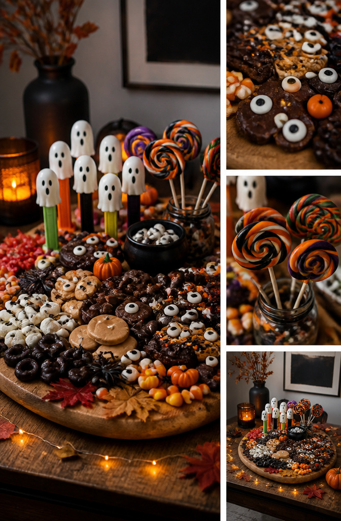 9 Halloween Candy Board Ideas for Spooky Sweet Displays 10 Candy eyes and decorative toppers placed on a Halloween candy board.