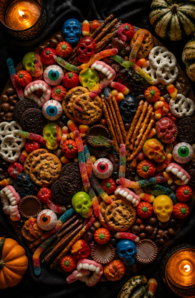 9 Halloween Candy Board Ideas for Spooky Sweet Displays 4 Gummy worms and skulls arranged among other candies on a Halloween board.