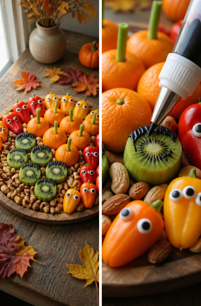 9 Halloween Candy Board Ideas for Spooky Sweet Displays 14 Healthier options including fruits and nuts arranged on a Halloween candy board.