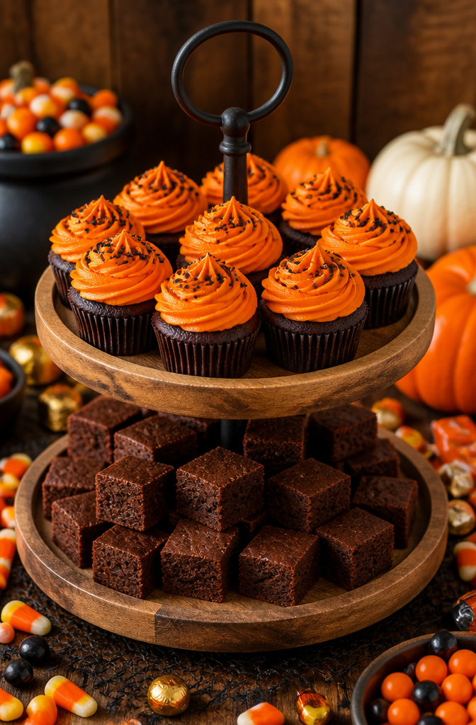 9 Halloween Candy Board Ideas for Spooky Sweet Displays 8 Mini cupcakes and brownie bites placed on a Halloween candy board.