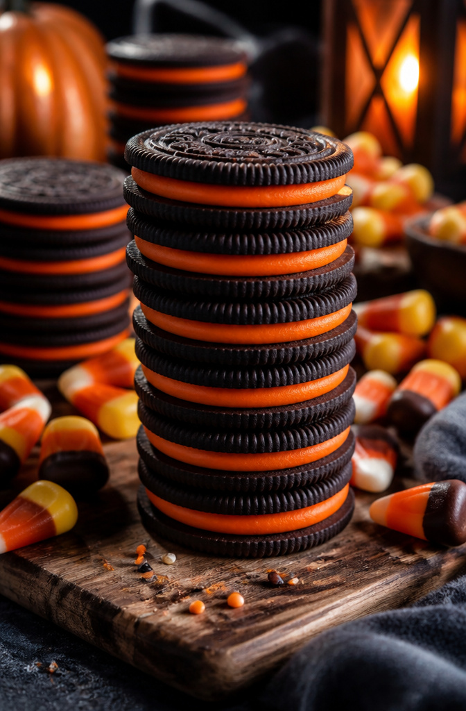 9 Halloween Candy Board Ideas for Spooky Sweet Displays 3 Orange-filled Oreos stacked in a display on a Halloween candy board.