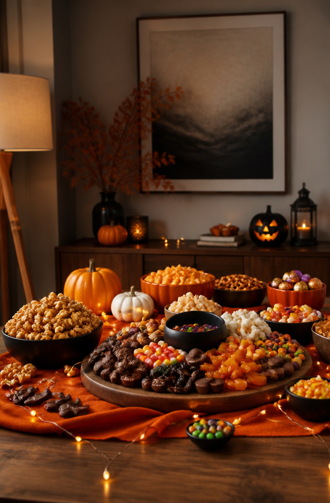 9 Halloween Candy Board Ideas for Spooky Sweet Displays 6 Caramel popcorn filling a bowl on a Halloween candy board.