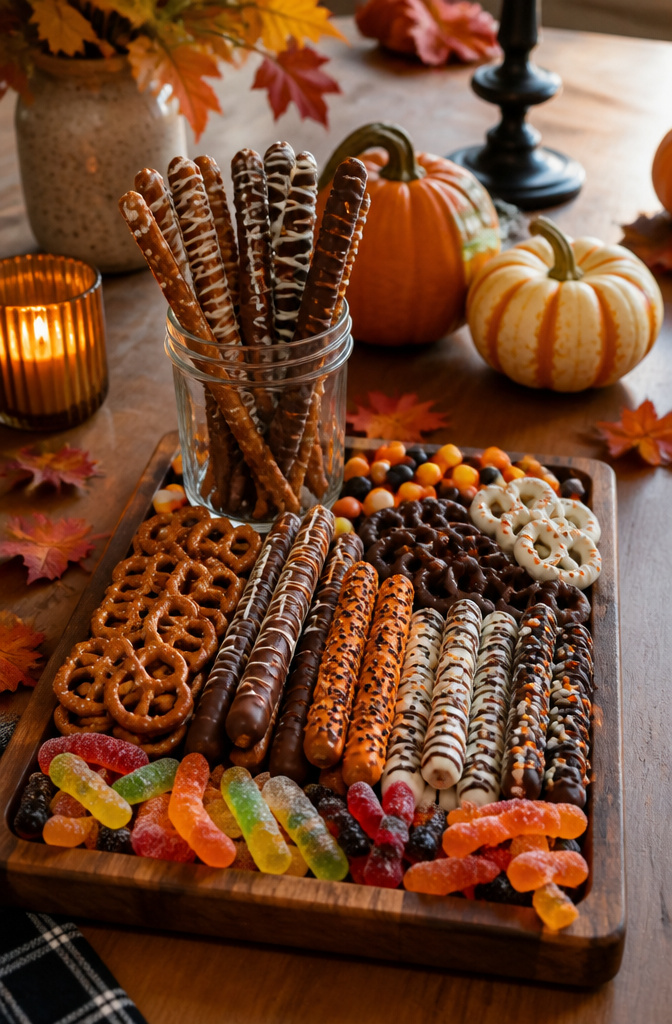 9 Halloween Candy Board Ideas for Spooky Sweet Displays 7 Chocolate-covered and regular pretzels arranged on a Halloween candy board.