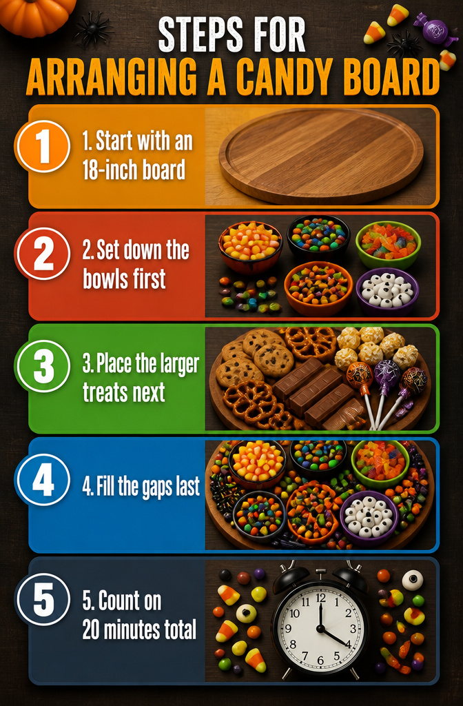 9 Halloween Candy Board Ideas for Spooky Sweet Displays 11 Instructions for arranging a Halloween candy board on a graphic.