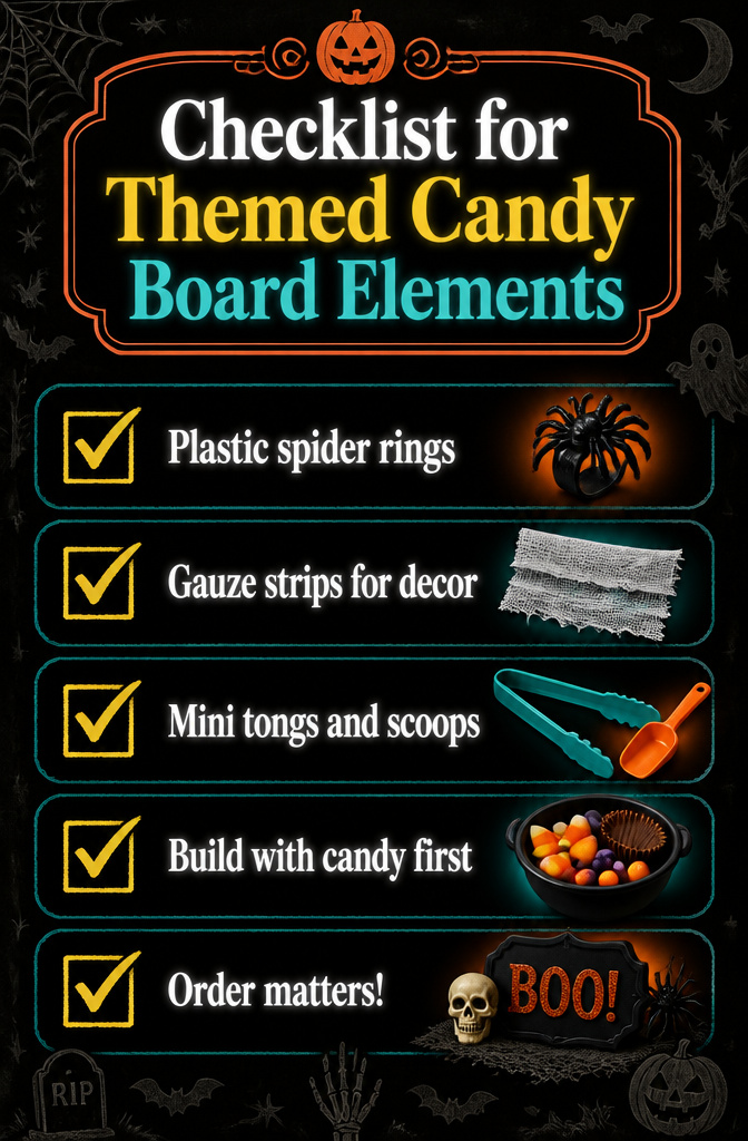 9 Halloween Candy Board Ideas for Spooky Sweet Displays 13 Themed decorations and serving tools displayed on a Halloween candy board.