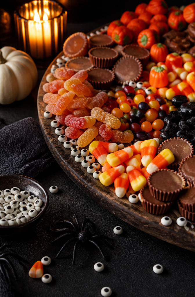 9 Halloween Candy Board Ideas for Spooky Sweet Displays 9 Black and white candy eyeball sprinkles scattered on a Halloween candy board.