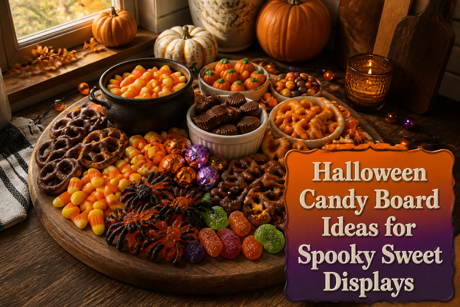 A Halloween candy board with assorted candies, decorations, and themed elements.
