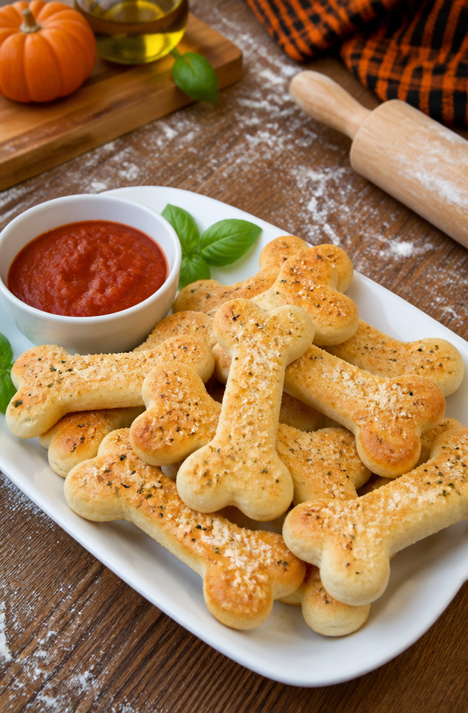 Breadsticks shaped like bones arranged with a bowl of marinara sauce.