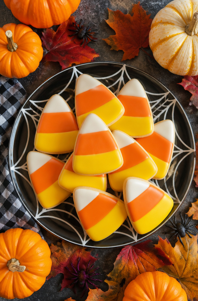 Round cookies iced in yellow, orange, and white to resemble candy corn.