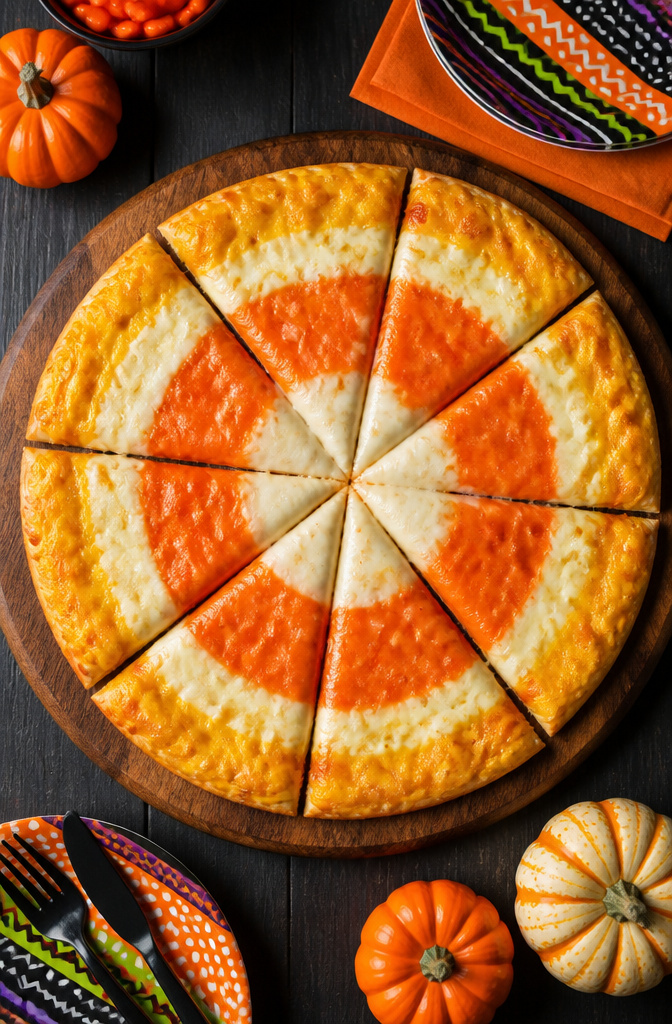 A pizza with cheddar and mozzarella arranged to resemble candy corn.