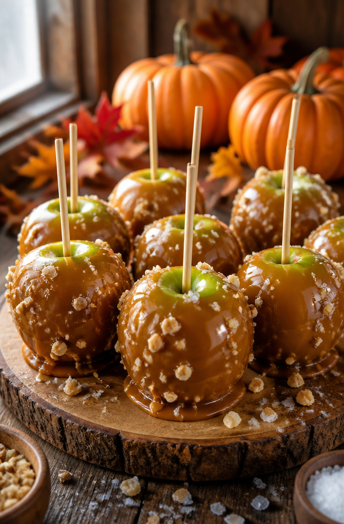 Granny Smith apples coated in caramel on a display.