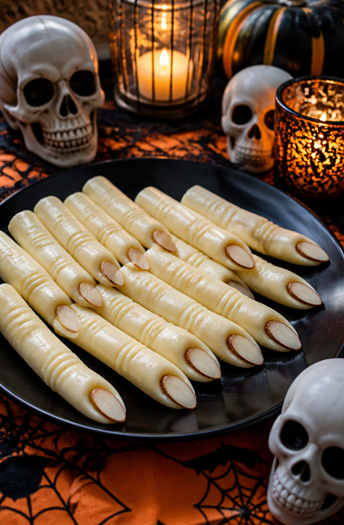 String cheese sticks cut to resemble fingers with almond nails.