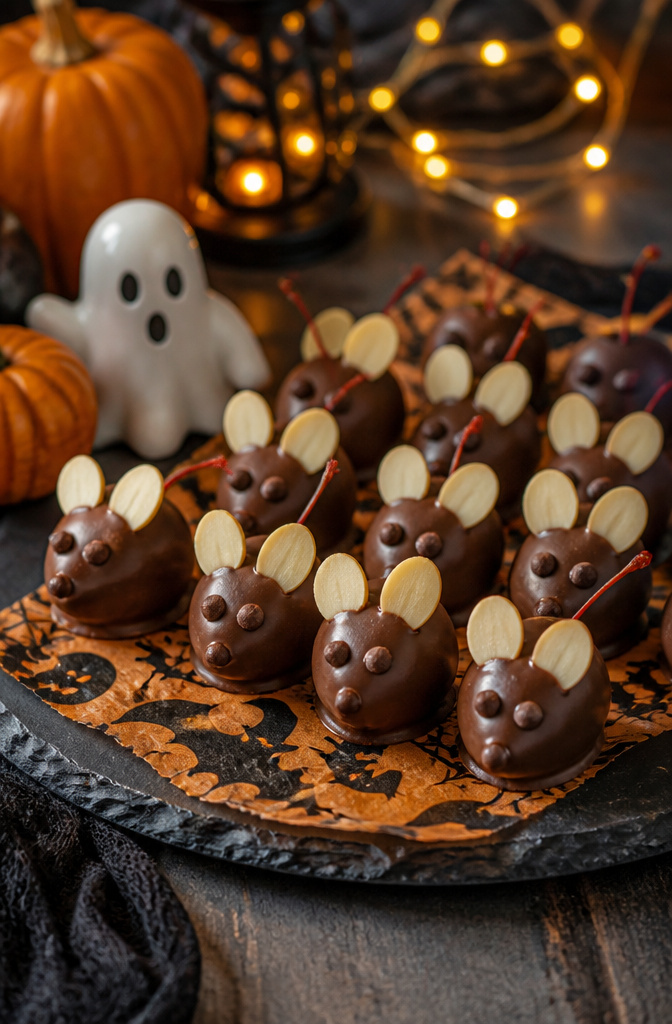 Maraschino cherries dipped in chocolate with almond ears and candy eyes.