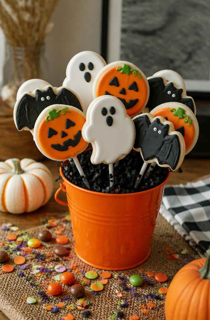 Sugar cookies on popsicle sticks with Halloween designs.