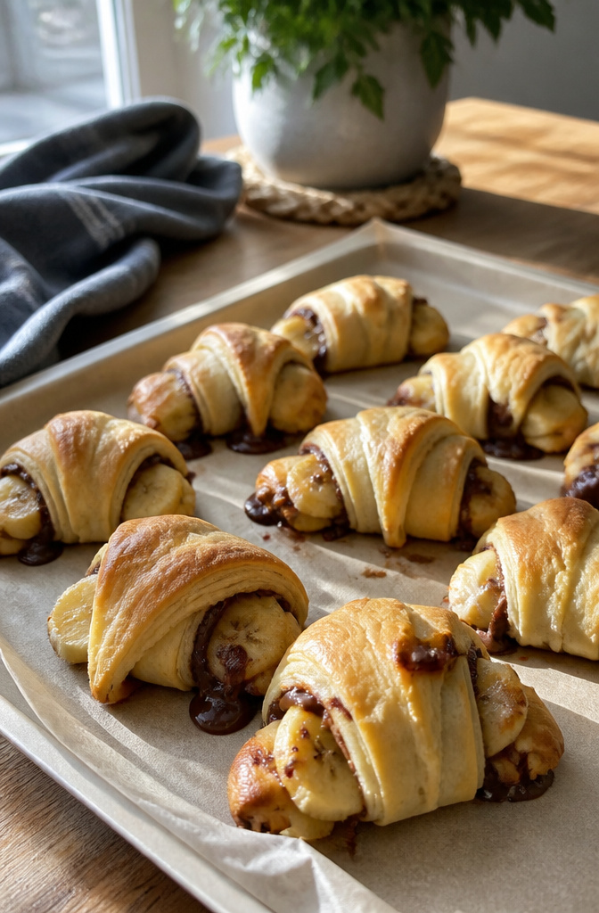 Baked crescents filled with banana and Nutella on a baking sheet.