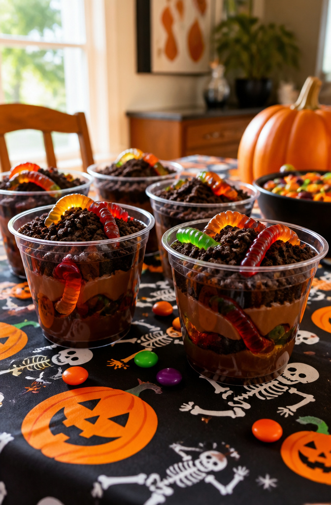Clear cups filled with chocolate pudding, cookie crumbs, and gummy worms.