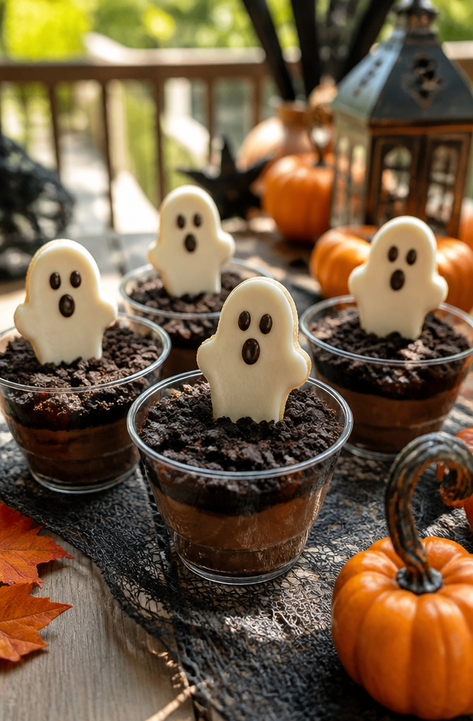 Cups of chocolate pudding layered with crumbled cookies and ghost cookies.
