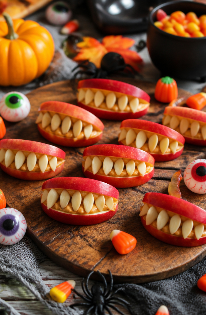 Apple wedges shaped like monster jaws with almond teeth.